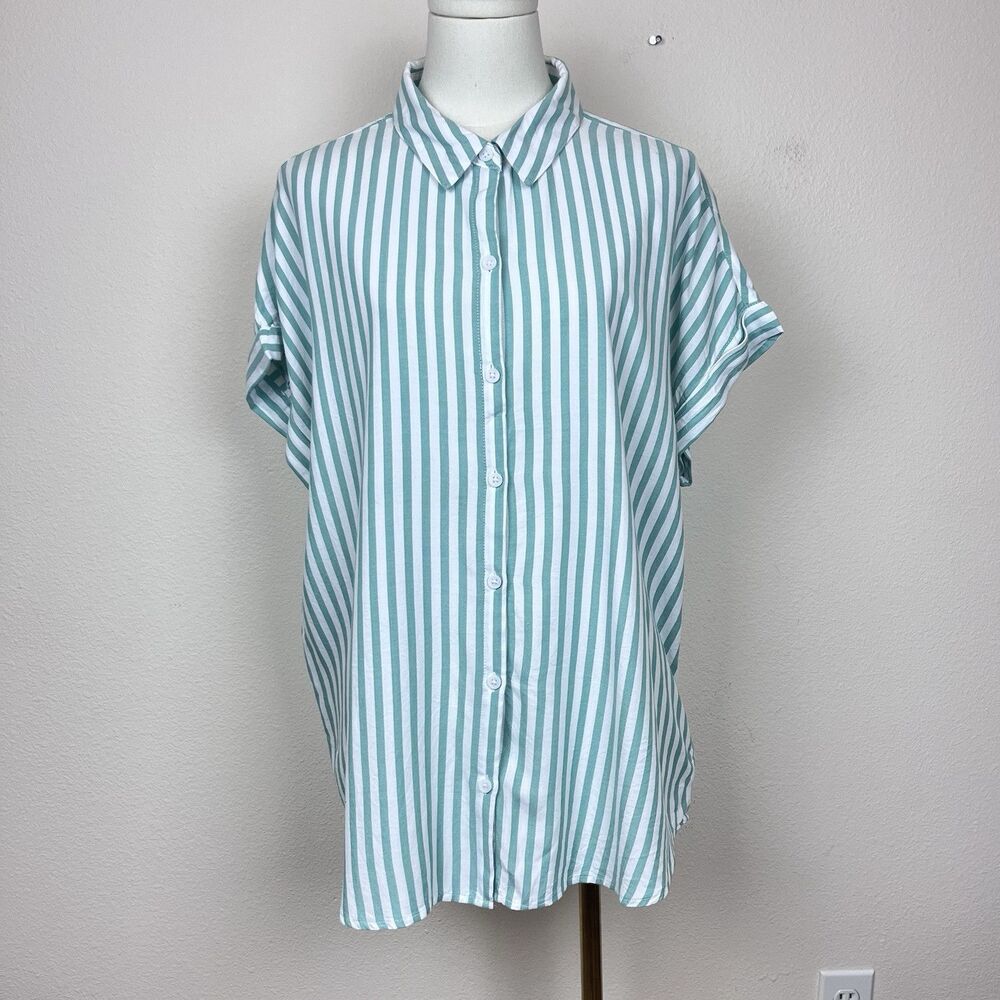 BeachLunchLounge Shirt Womens Large Stripe Button Everyday Coastal Beach Green